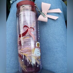 Starbucks Holiday Bearista Bear Pink Water Bottle Bow Charm Tumbler
